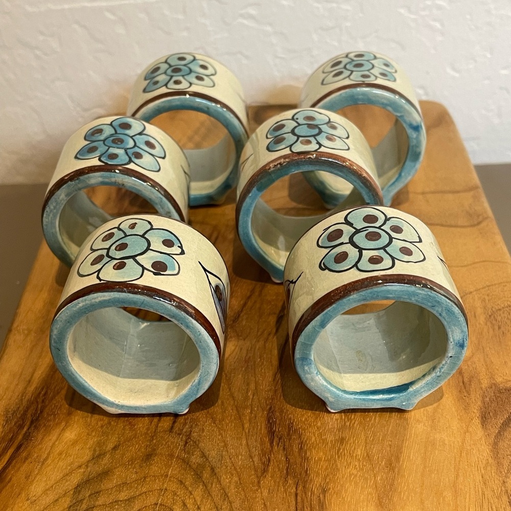 Vintage Tonala Mexican Napkin Rings Handmade Painted Portery Set of Six